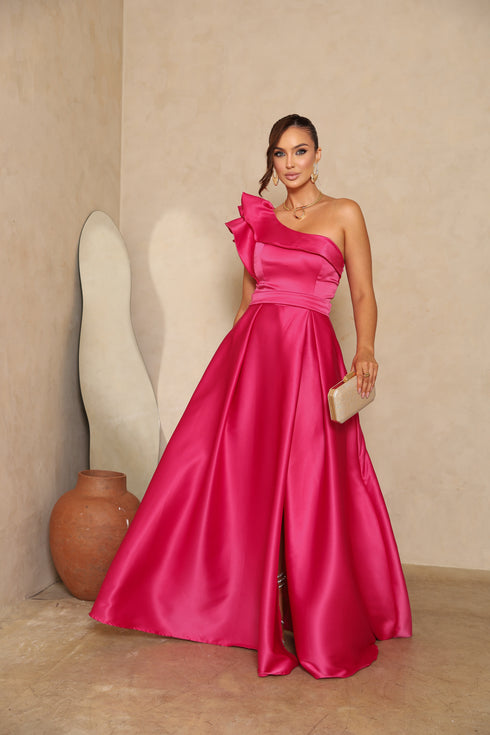 VESTIDO LISO UM OMBRO SÓ BABADO VESTIDO DE FESTA PETRA FINA